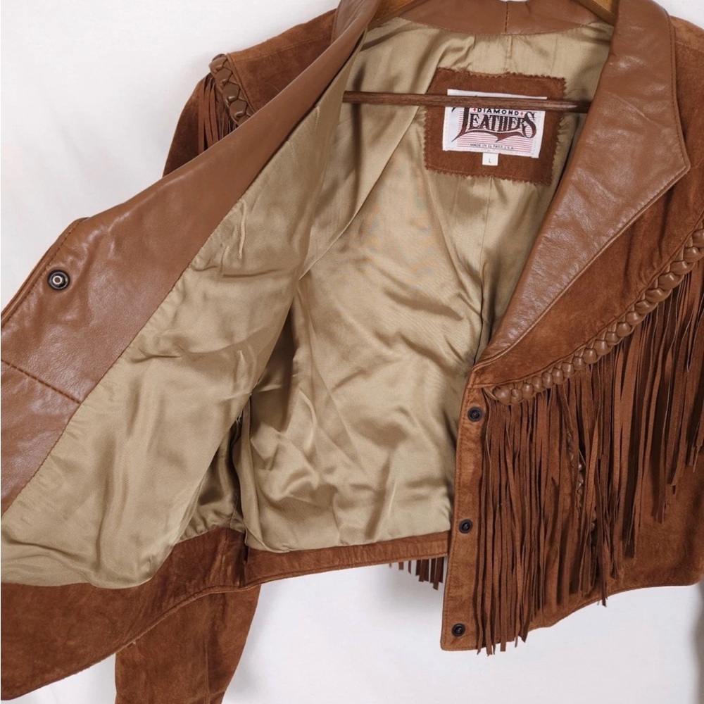Vintage Diamond Leathers Size Large Brown Genuine Leather Fringe Snap-Up Jacket - Picture 8 of 9